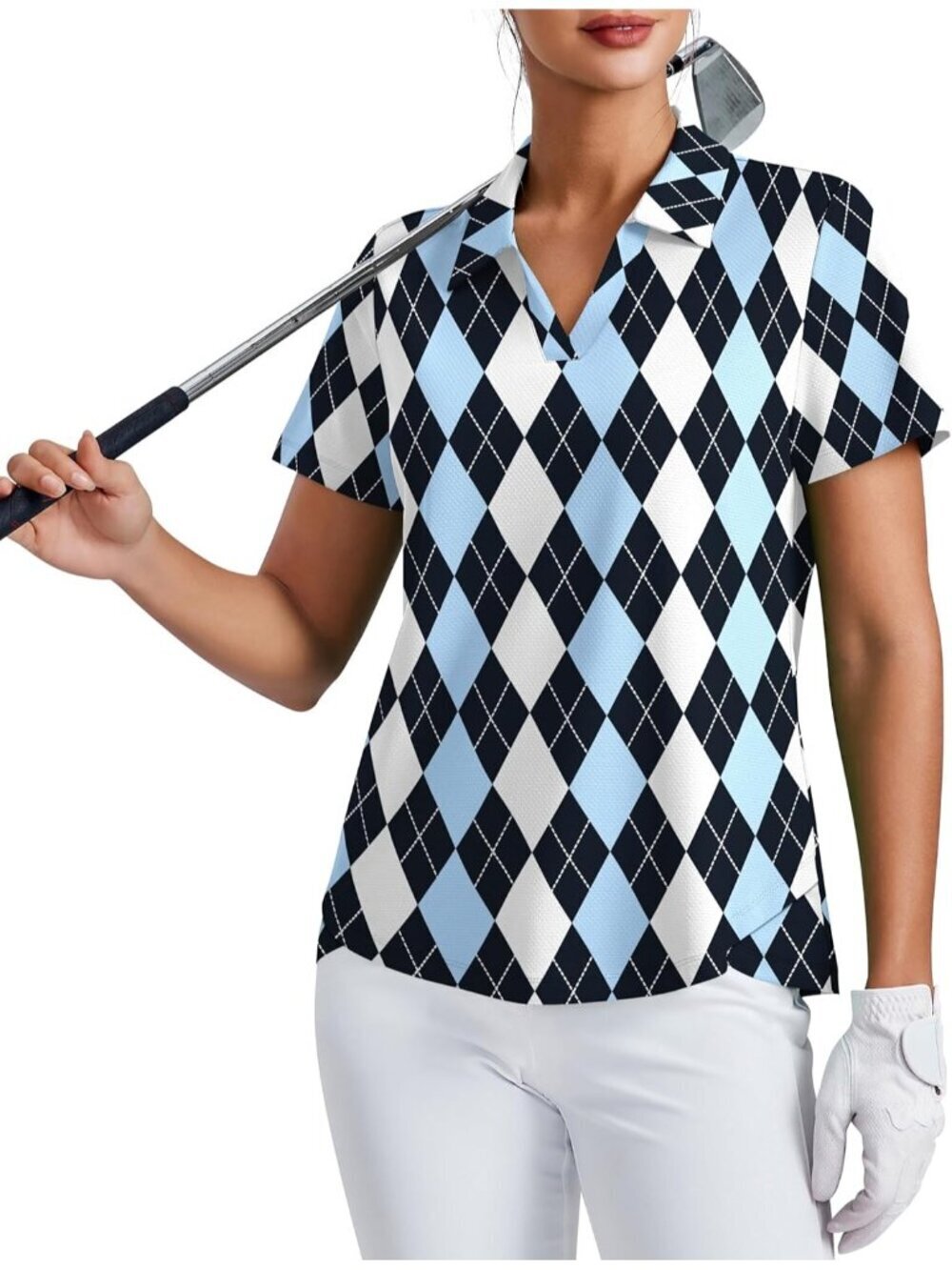 Womens Black Blue Plaid Golf Shirt UPF50+ Short Sleeve V-Neck Tennis Collared To